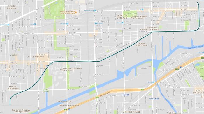 A map of the proposed four-mile Paseo Trail. El Paseo garden is situated near the northeast terminus. (WTTW Interactive) 