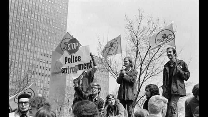 Close-up of protestors at gay-liberation rally in Grant Park, April 1970. (Margaret Olin)