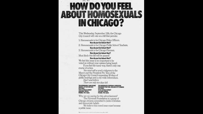Full-page antigay print advertisement paid for by the Plymouth Foundation, September 1979.