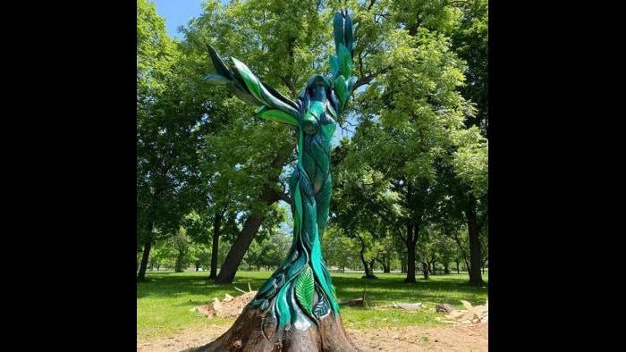 "Green Lady's" base is unpainted, to emphasize the way she's rooted in the earth. (Chicago Sculpture International)