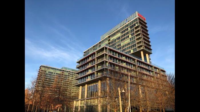 The Optima complex, adjacent to the Carvana site and across the street from Harms Woods. (Patty Wetli / WTTW News)