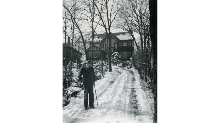 Paul Harris at the bottom of the driveway outside his Morgan Park home. (Courtesy Rotary International)
