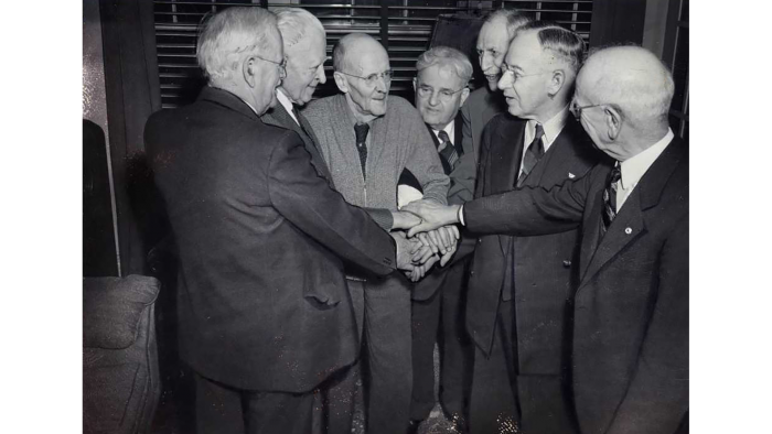 A reunion in Harrises’ home of many of the early members of the Rotary Club of Chicago. (Courtesy Rotary International)