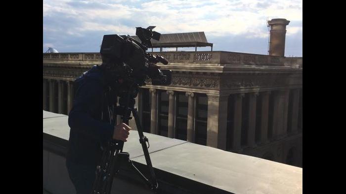 WTTW cameraman Dave Moyer films the progress of Kerry James Marshall’s largest work to date.