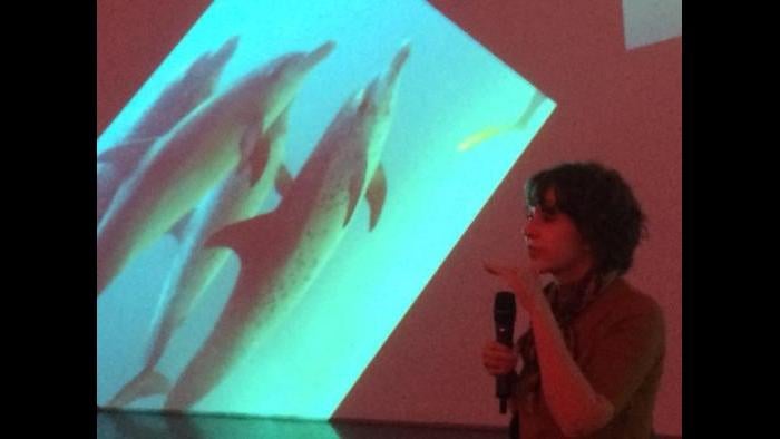 The artist Diana Thater in front of “Delphine” (1999) a video installation of a pod of dolphins she photographed in 30 feet of water in the Caribbean.