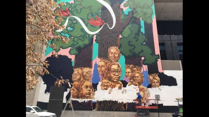 WTTW cameraman Dave Moyer films the progress of Kerry James Marshall’s largest work to date.