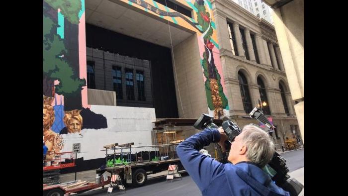 WTTW cameraman Dave Moyer films the progress of Kerry James Marshall’s largest work to date.