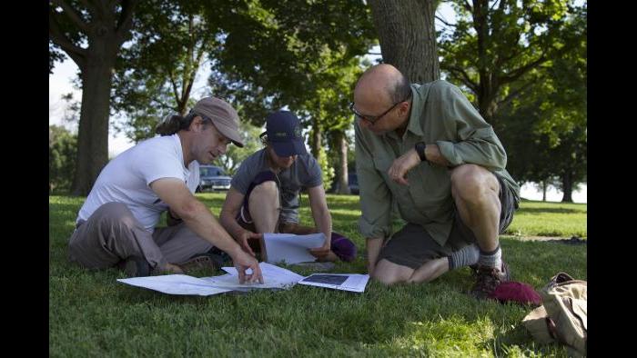 Planning for our paddle along the Calumet River. (Luke Brodarick / Chicago Tonight)
