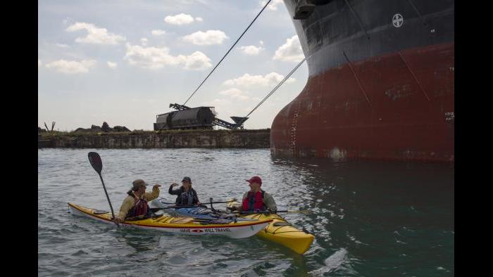 An ocean-going freighter in the Calumet River. (Luke Brodarick / Chicago Tonight)