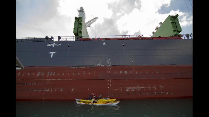 An ocean-going freighter in the Calumet River. (Luke Brodarick / Chicago Tonight)