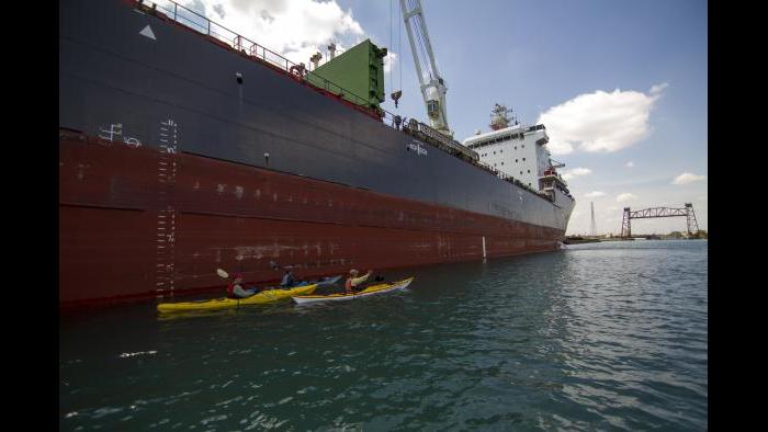 An ocean-going freighter in the Calumet River. (Luke Brodarick / Chicago Tonight)