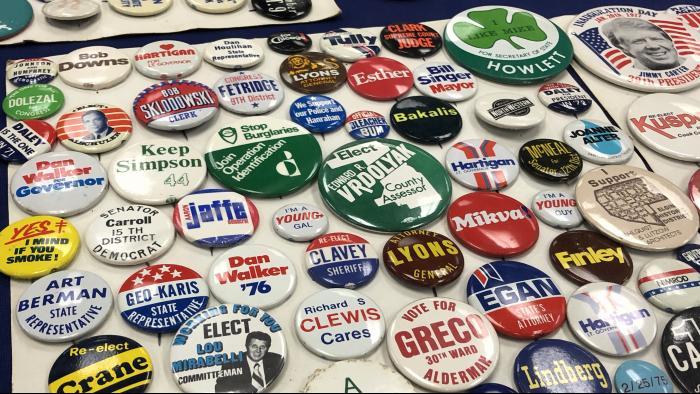 A collection of political buttons at Northeastern Illinois University. (Jay Shefsky / Chicago Tonight)