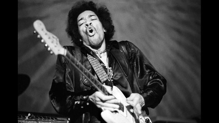 Jimi Hendrix performs at Fillmore Auditorium, San Francisco, Feb. 1, 1968 (Iconic Images / Baron Wolman)