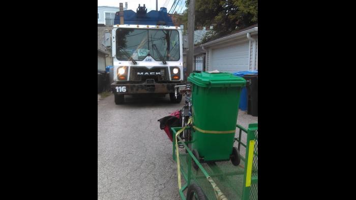Scheffel vs. a garbage truck. (Courtesy Jonathan Scheffel)