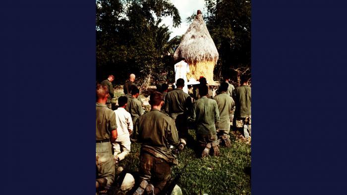 Praise the Lord, 1966. A Catholic chaplain conducts Mass for members of the U.S. Army 101st Airborne Brigade near Tuy Hòa. Photo by Specialist 5 Robert C. Lafoon, U.S. Army.