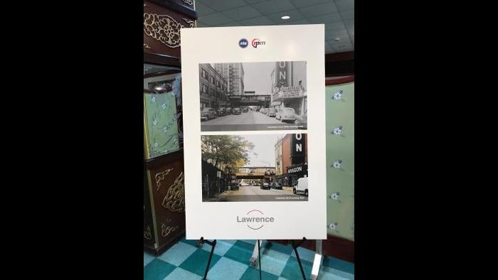 CTA historical photos show now-and-then versions of the Lawrence stop. (Nick Blumberg / WTTW News)