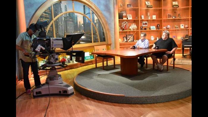 Tim Kazurinsky and George Wendt on Chicago Tonight's set.  (Kristen Thometz/Chicago Tonight)