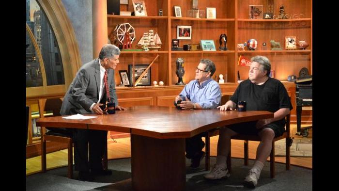 Chicago Tonight host Phil Ponce, Tim Kazurinsky and George Wendt on Chicago Tonight's set.  (Kristen Thometz/Chicago Tonight)