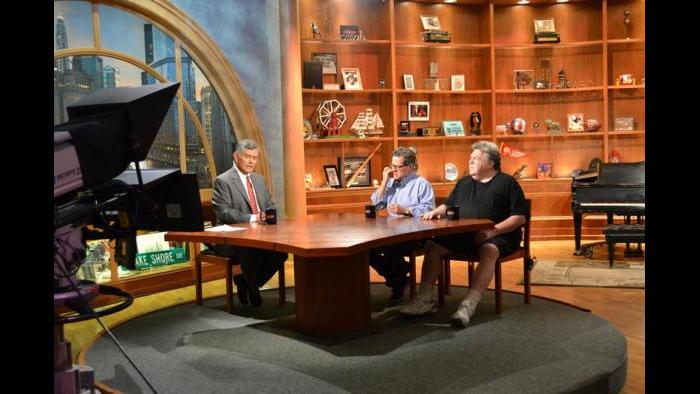 Chicago Tonight host Phil Ponce, Tim Kazurinsky and George Wendt on Chicago Tonight's set.  (Kristen Thometz/Chicago Tonight)