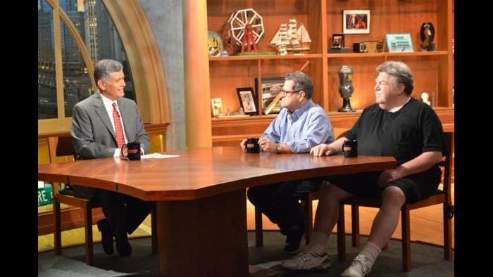 Chicago Tonight host Phil Ponce, Tim Kazurinsky and George Wendt on Chicago Tonight's set.  (Kristen Thometz/Chicago Tonight)