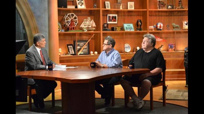 Chicago Tonight host Phil Ponce, Tim Kazurinsky and George Wendt on Chicago Tonight's set.  (Kristen Thometz/Chicago Tonight)