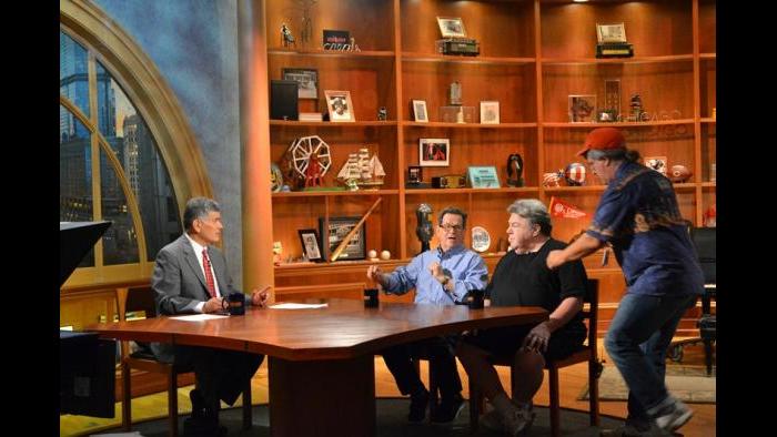 Chicago Tonight host Phil Ponce, Tim Kazurinsky and George Wendt on Chicago Tonight's set.  (Kristen Thometz/Chicago Tonight)