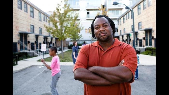 Mark Pratt at the Cabrini row houses. (Photo by Cristina Rutter)