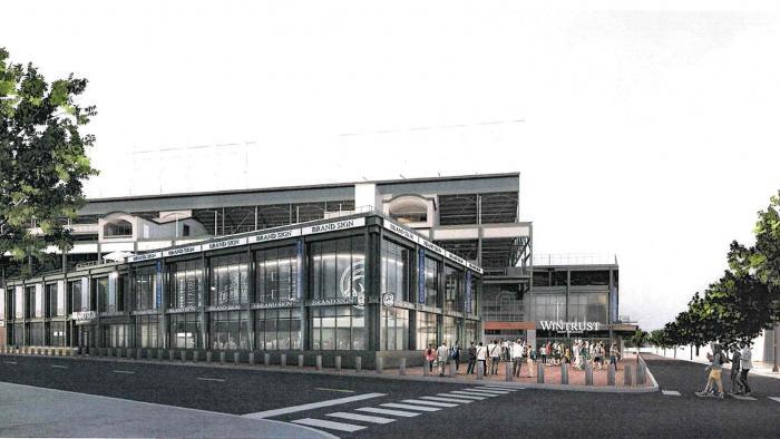 A rendering of the Wrigley Field mini triangle building from the southwest corner of Addison Street and Sheffield Avenue. (Gensler / Courtesy office of Ald. Tom Tunney)