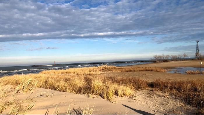 Golden sunlight on the dunes in winter, photographed in December 2020. (Patty Wetli / WTTW News)