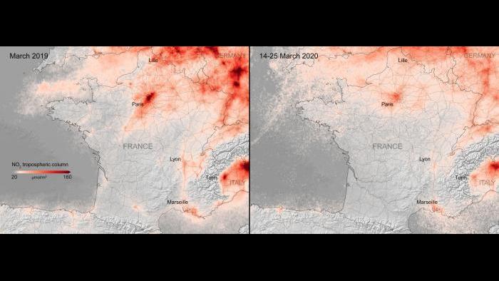 Side-by-side comparisons show a decrease in nitrogen dioxide over France. (Credit: European Space Agency)