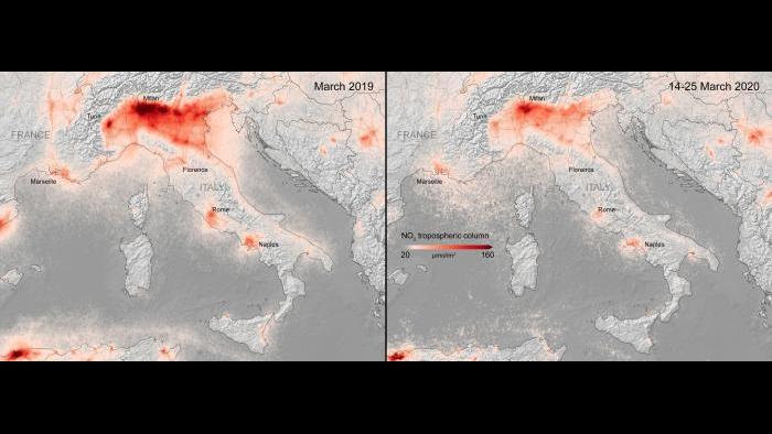 Side-by-side comparisons show a decrease in nitrogen dioxide over Italy. (Credit: European Space Agency)