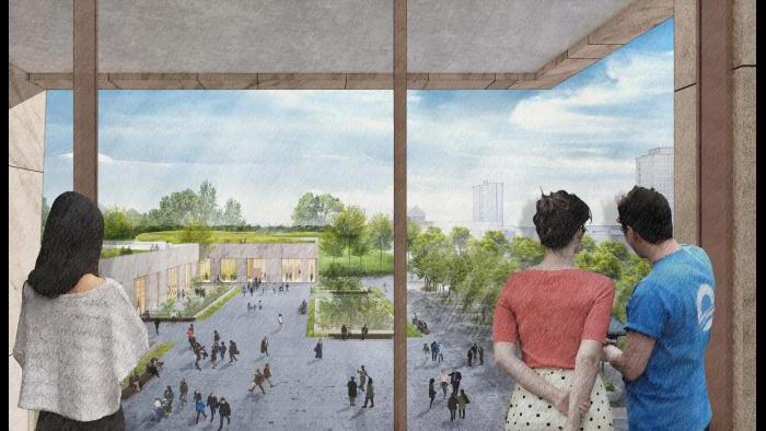 A rendering of the view of the plaza from the museum building. (Courtesy Obama Foundation)