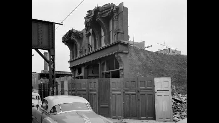 Nickel sought help in finding out when the Knisely Store and Flats would be razed&ndash;but demolition was already underway by the time he arrived. (Courtesy the Richard Nickel Archive/ Ryerson and Burnham Archives/ The Art Institute of Chicago)