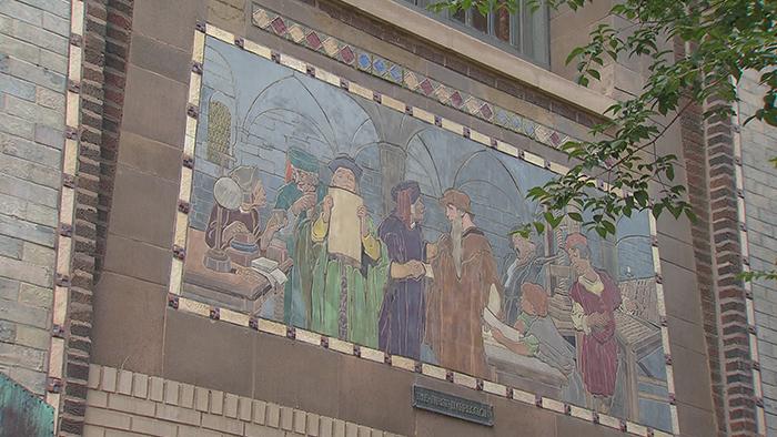 Several buildings on Printers Row feature facades that depict a bygone era of printing.
