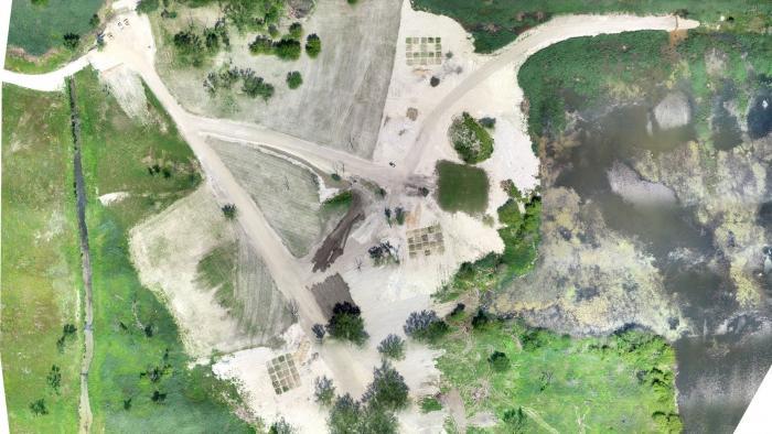 An aerial view of the clay cap area, with three groupings of soil test beds. (Courtesy of Chicago Park District)
