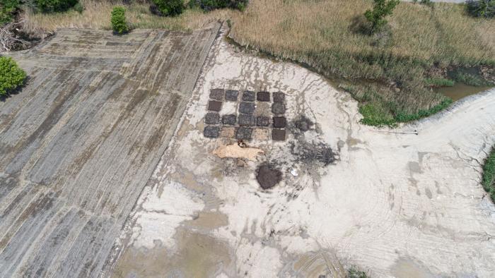 An aerial view of one of the groupings of soil test beds at Big Marsh Park. (Courtesy of Chicago Park District)