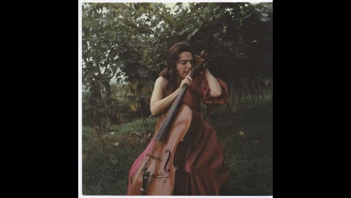 Charlotte Moorman performs Giuseppe Chiari’s Per Arco, Asolo, Italy, ca. 1975. (Photograph by Mario Parolin. Courtesy of Charlotte Moorman Archive, Charles Deering McCormick Library of Special Collections, Northwestern University Library.)