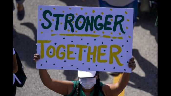 Hundreds march at a rally for Jacob Blake on Saturday, Aug. 29, 2020, in Kenosha, Wis. (AP Photo / Morry Gash)