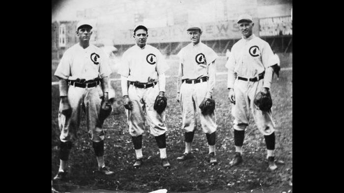 The Four Horsemen of the Cubs infield during its great victory run from 1906 through 1910 included former bicyclist and minstrel entertainer Harry Steinfeldt, left, at third base. (National Baseball Hall of Fame and Museum, Cooperstown, NY)