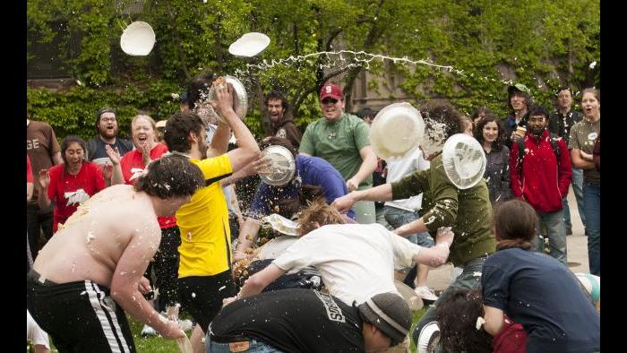 In 2008, the list of items for the Scavenger Hunt included this entry: “PIE FIGHT!! Bring ten cream pies and prepare to prove your superiority old-timey comedy style.” (Courtesy Leila Sales)