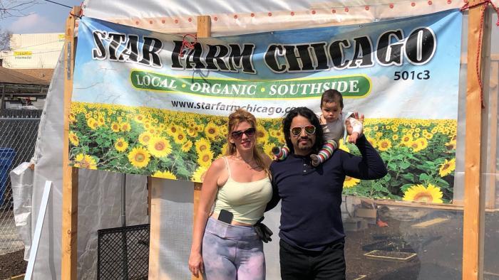 Stephanie Dunn, founder of Star Farm, her partner Antonio Bucio and the couple's daughter Azea Maize. (Patty Wetli / WTTW News) 