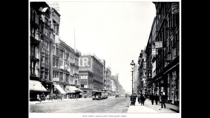 State Street looking north from Quincy Street in Chicago, 1893.