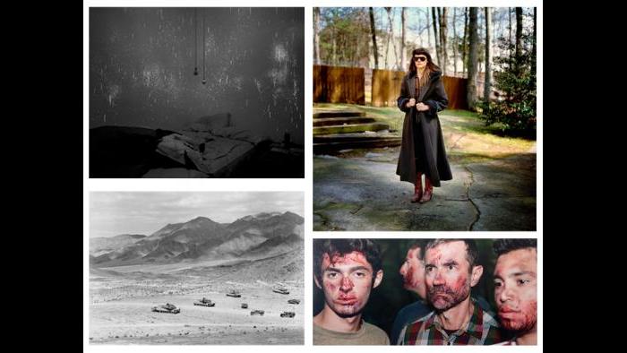 Clockwise: Guillaume Simoneau, Wearing Veteran’s Day present, Kennesaw, Georgia, form the “Love and War” series, 2008; Alison Ruttan, Moments Later the Rage Began to Settle, from “The Four Year War at Gombe” series, 2009; An-My Lê, 29 Palms: Mechanized Assault, 2003-2004; Angela Strassheim, Evidence No. 2, 2009.