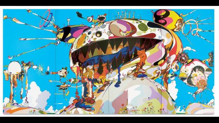 (Takashi Murakami, Tan Tan Bo Puking - a.k.a. Gero Tan, 2002. Acrylic on canvas mounted on board, 141 ¾ x 283 ½ x 2 ½ in. (360 x 720 x 6.7 cm). Courtesy Galerie Perrotin. ©2002 Takashi Murakami/Kaikai Kiki Co., Ltd.)