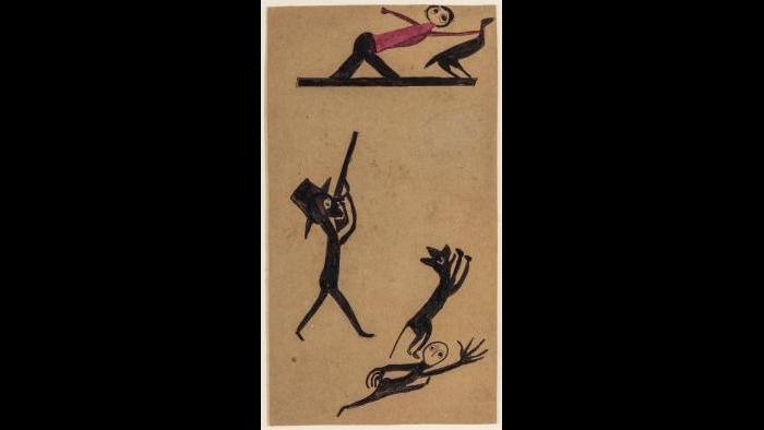 Bill Traylor (American, ca. 1853-1949). Chicken Stealing, c. 1939-42. Poster paint on cardboard, 13 ¼ x 7 in. (33.7 x 17.8 cm). Collection of Victor F. Keen 