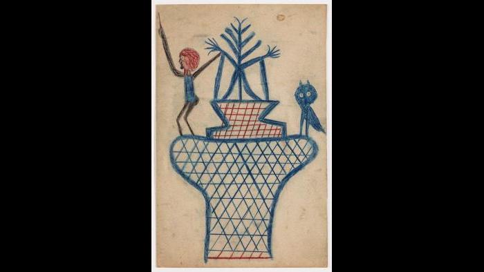 Bill Traylor (American, c. 1853-1949). Man and Bird on Woven Form, c. 1939. Colored pencil on cardboard, 14 x 9 in. (35.6 x 22.9 cm). Collection of Victor F. Keen