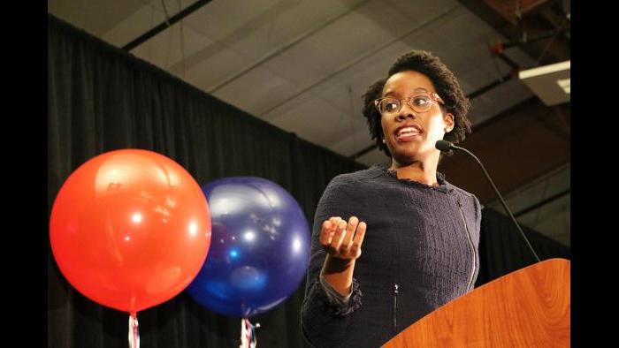 Lauren Underwood gives her victory speech Tuesday after winning the election for Illinois’ 14th Congressional District.  (Evan Garcia / Chicago Tonight)
