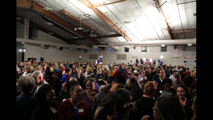 Supporters at Lauren Underwood’s election night headquarters. (Evan Garcia / Chicago Tonight)