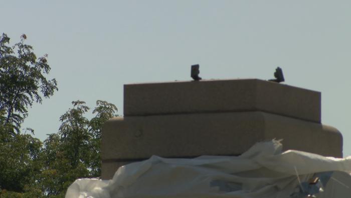 An empty pedestal in Grant Park where a statue of Christopher Columbus stood recently. (WTTW News)