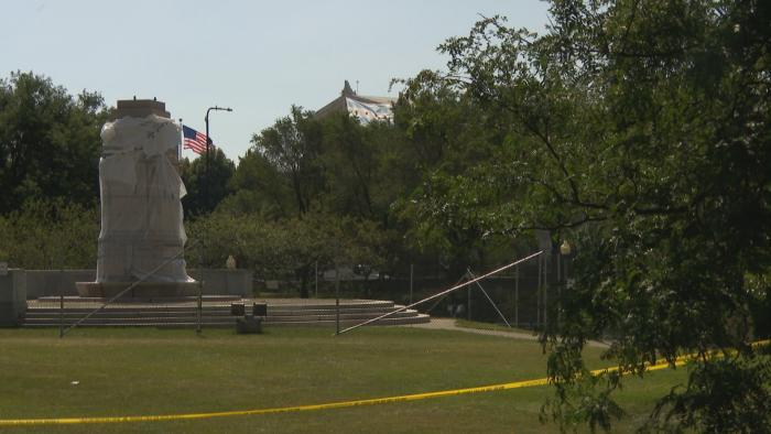 An empty pedestal in Grant Park where a statue of Christopher Columbus stood recently. (WTTW News)